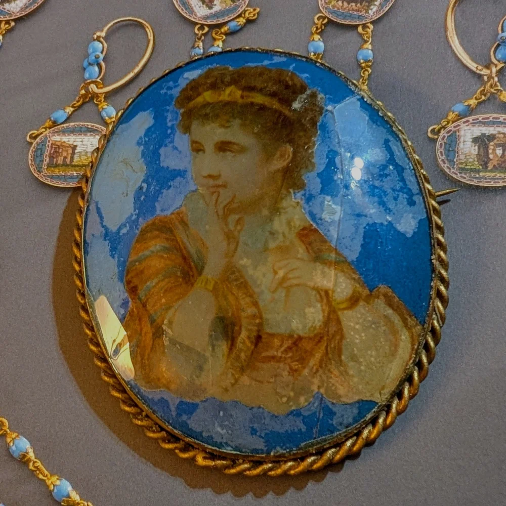 Large 1850s Antique Convex Glass Hand Painted Brooch
